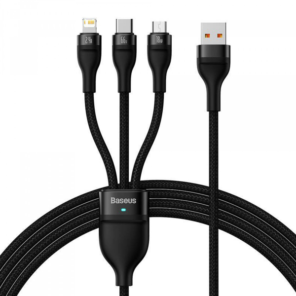 Baseus Flash Series One-for-three Fast Charging Data Cable USB to M+L+C 66W 1.2m Black