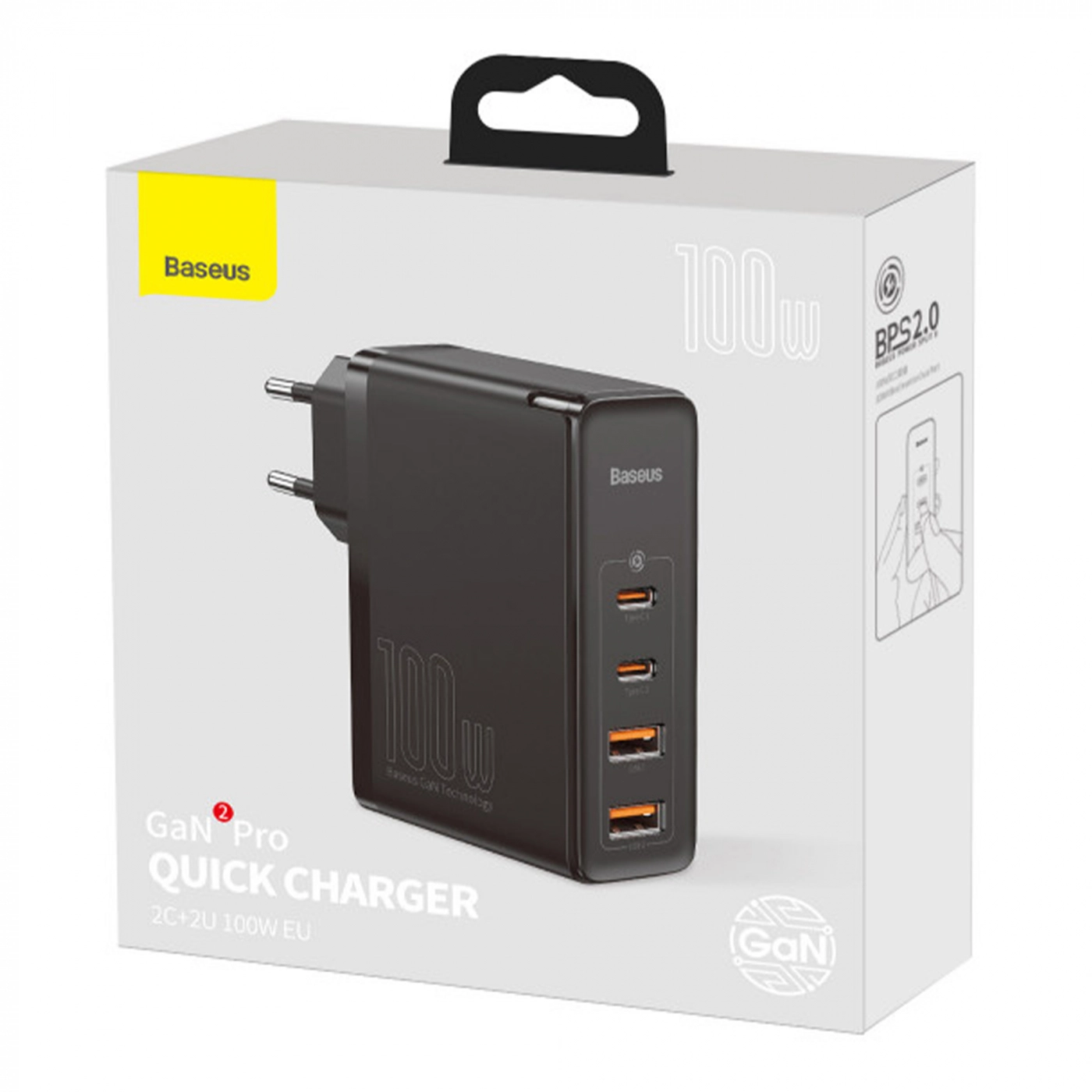 Купить Зарядное устройство Baseus GaN2 Pro Quick Charger 2C+2U 100W EU Black (Include charging Cable Type-C 100W) - фото 7