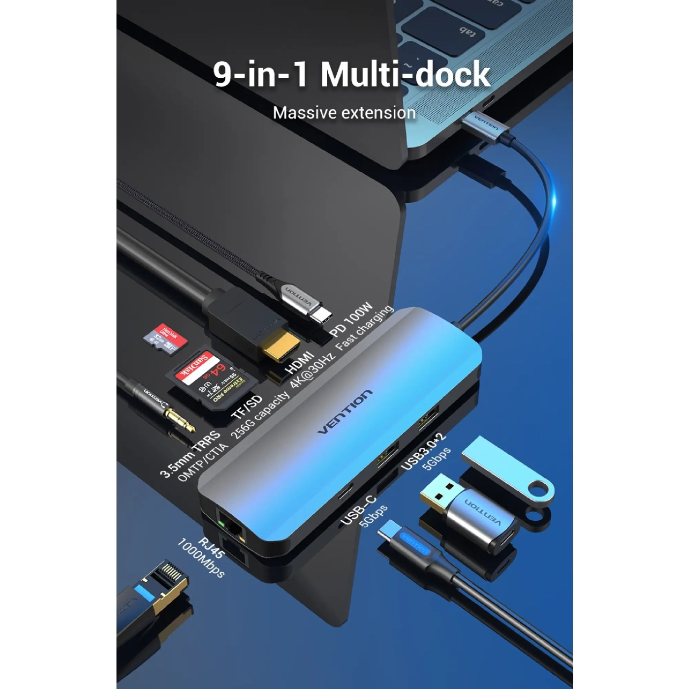 Купити Концентратор Vention USB 3.1 Type-C - HDMI/USB 3.0x2/RJ45/USB-C/SD/TF/TRRS 3.5mm - фото 3
