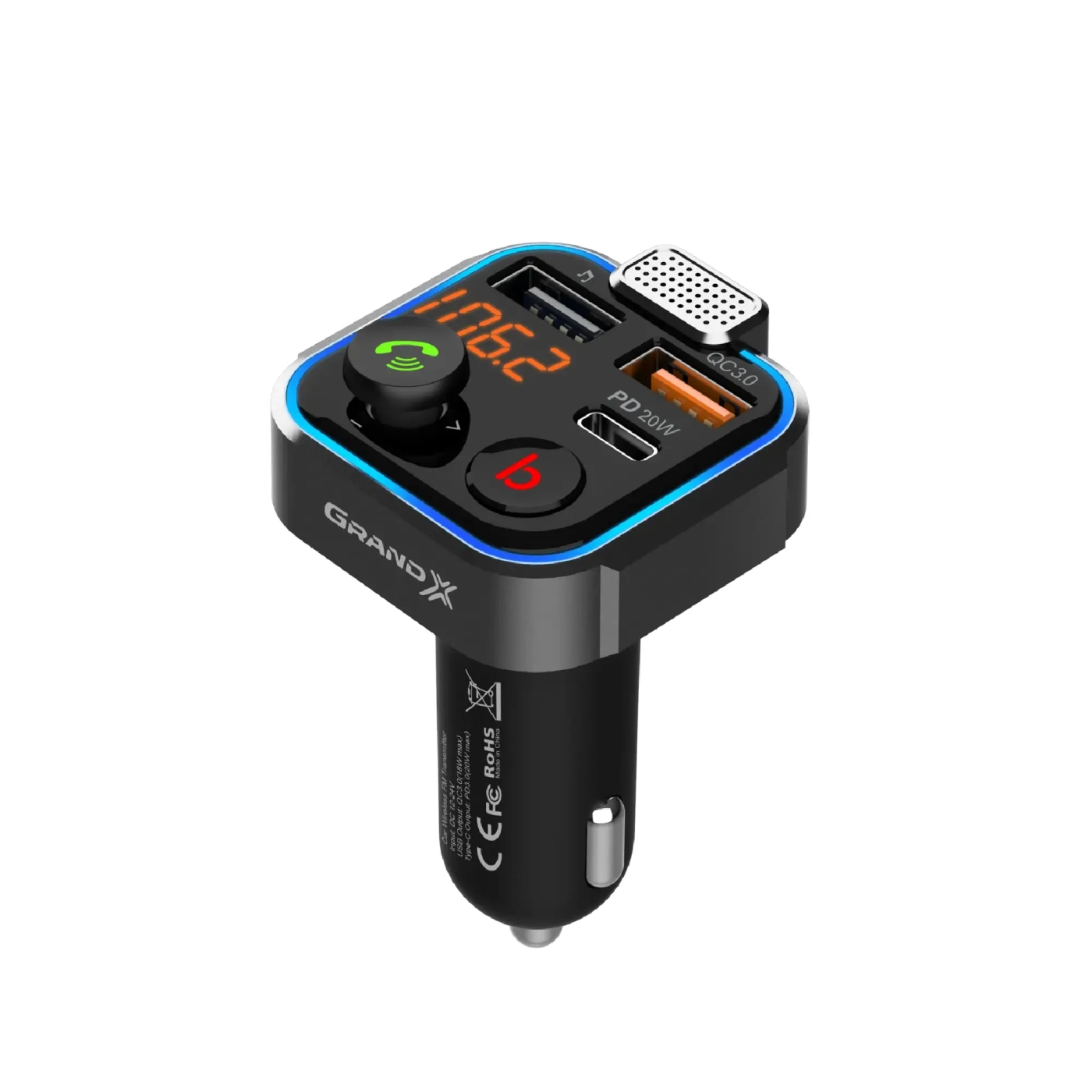 Купить FM-трансмиттер Grand-X 99GRX MegaBass, Bluetooth V5.0, Hands Free, Quick Charge 3.0, PD 20W - фото 4