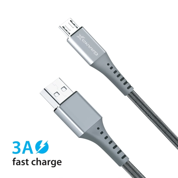 Купить Кабель Grand-X USB-micro USB 3A, 1.2m, Fast Сharge, Grey толст.нейлон оплетки, премиум BOX (FM-12G) - фото 3
