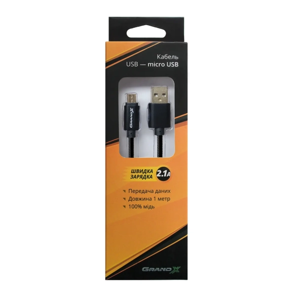 Купити Кабель Grand-X USB-micro USB Black 2.1A, 1m, 100% мідь, захисне метеальне покриття. Упаковка гіфтбокс з відверненням (MM-01B) - фото 3