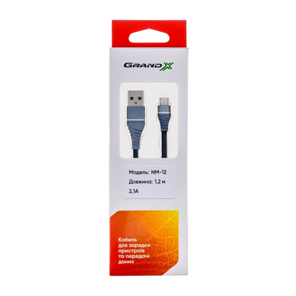 Купити Кабель Grand-X USB-Micro USB 2.1A, 1,2m, Cu, Grey. Упаковка-гіфтбокс із вікном (NM012GR) - фото 2