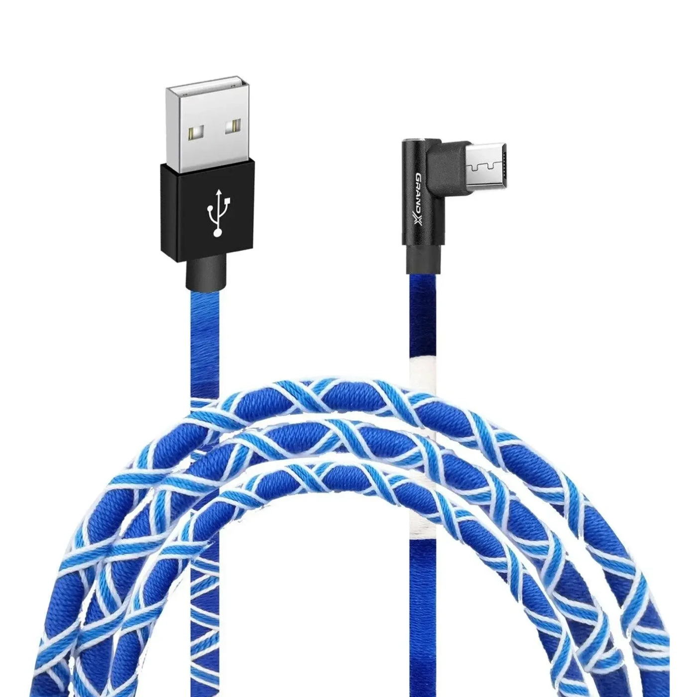 Купить Кабель Grand-X крафтовый, ручная работа USB-microUSB 2,1A, 1m, White/Blue, угол. micro USB (FM-08WB) - фото 1