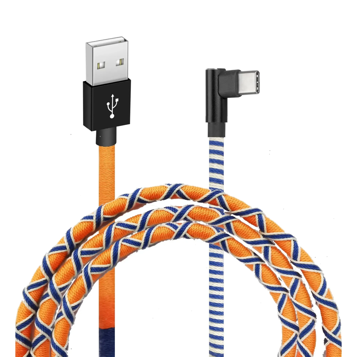 Купить Кабель Grand-X крафтовый, ручная работа USB-TypeC 2,1A, 1m, Orange/Blue, угол. TypeC (FC-08OB) - фото 1