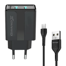 Купити Зарядний пристрій Grand-X 5V 2,4A 2USB Black з захистом від перенавантаження + cable USB -> Type C (CH-15T) - фото 0