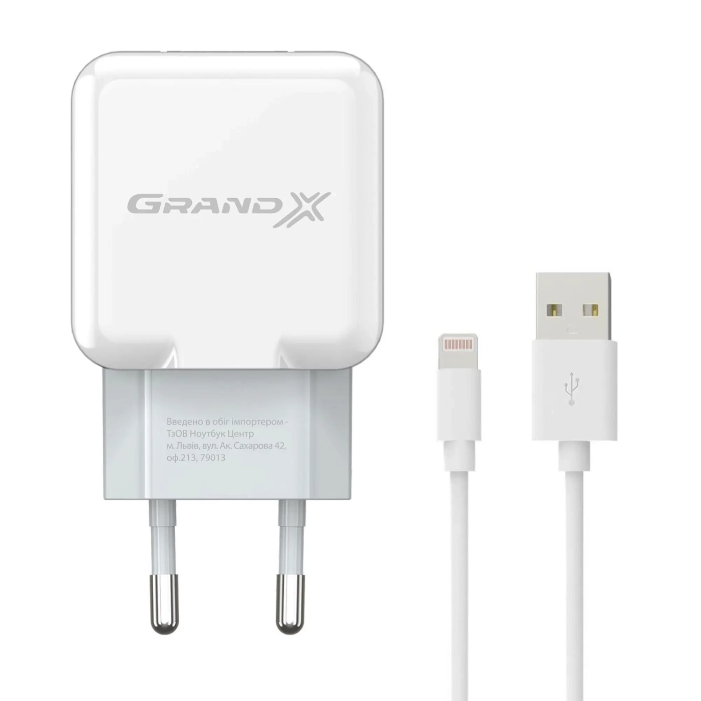 Купити Зарядний пристрій Grand-X USB 5V 2,1A White з захистом від перенавантажень  + cable USB -> Lightning, Cu (CH03LTW) - фото 0