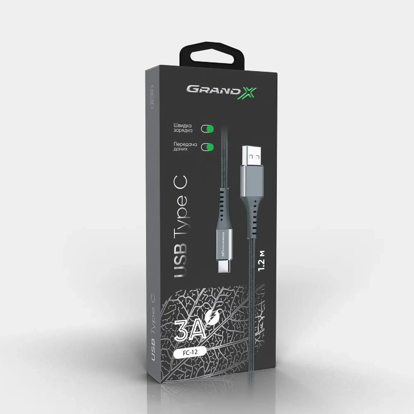 Купить Кабель Grand-X USB-Type-C 3A, 1.2m, Fast Сharge, Grey, толст.нейлон оплетки, премиум BOX (FC-12G) - фото 5