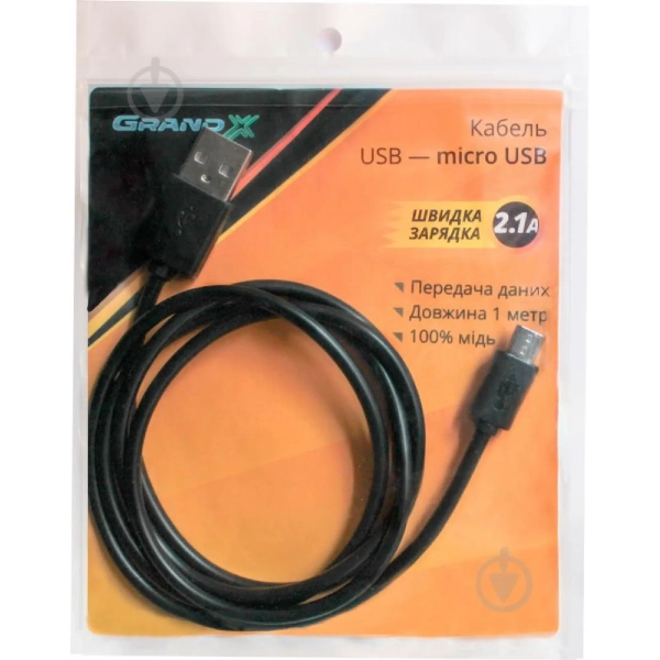 Купить Кабель Grand-X USB-micro USB 2,1A, 1.0m, 100% медь, Black (PM01S) - фото 2