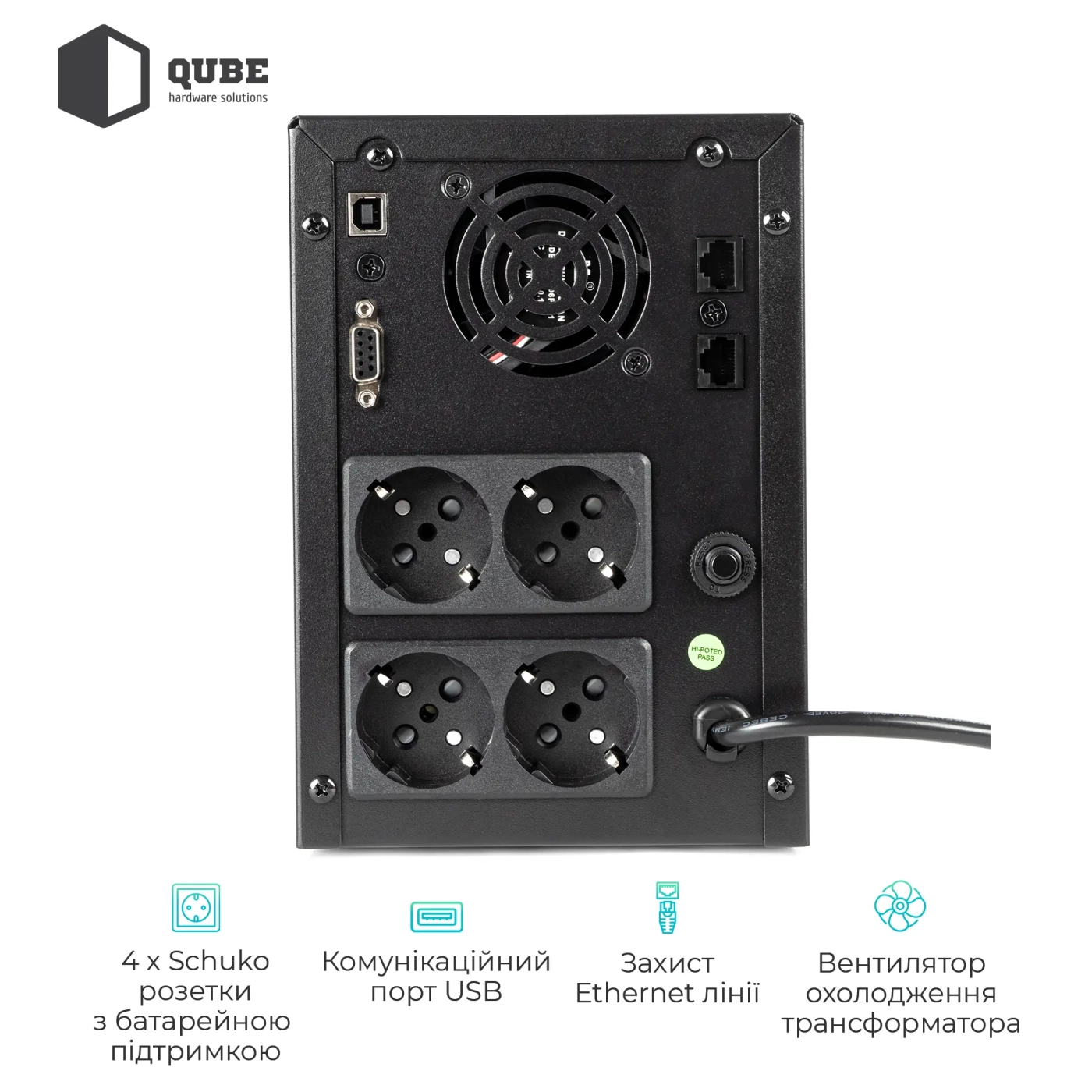 Купити ДБЖ (UPS) лінійно-інтерактивний Qube DG 2450, 2450VA/1440W, LCD, 4 x Schuko, RJ-45, USB - фото 4