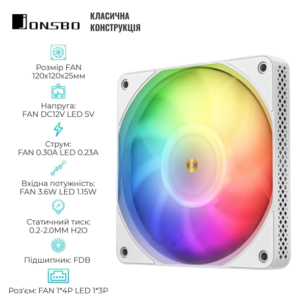 Купить Вентилятор JONSBO HF1215 White ARGB (120mm, 700-1800RPM, 29.7dB, 4pin+LED 3pin) - фото 2