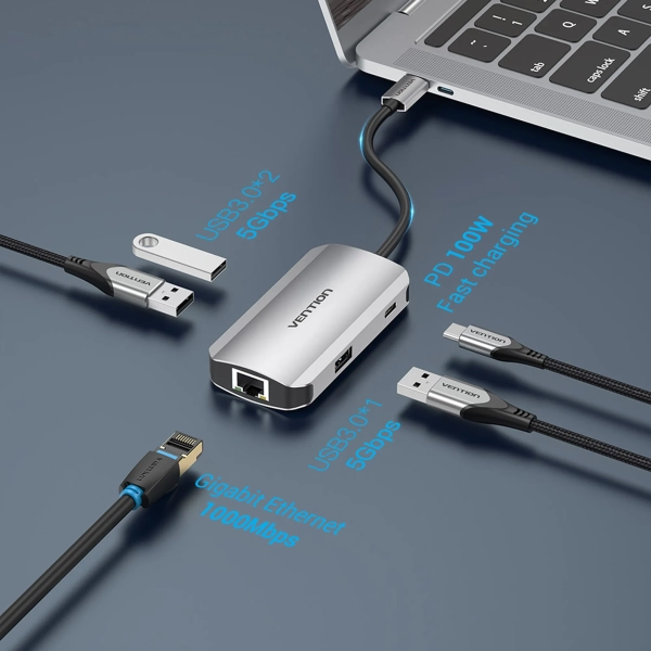 Купити Концентратор Vention USB 3.1 Type-C --> USB 3.0x3/RJ45 Gigabit/PD 100W - фото 2