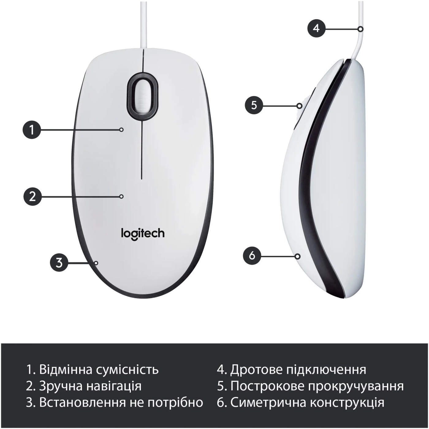 Купити Мишка Logitech M100 USB White (910-006764) - фото 6