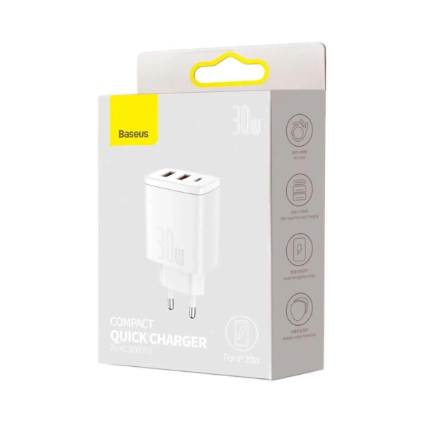 Купить Сетевое зарядное устройство для Baseus Compact Quick Charger 2U+C 30W EU White - фото 5