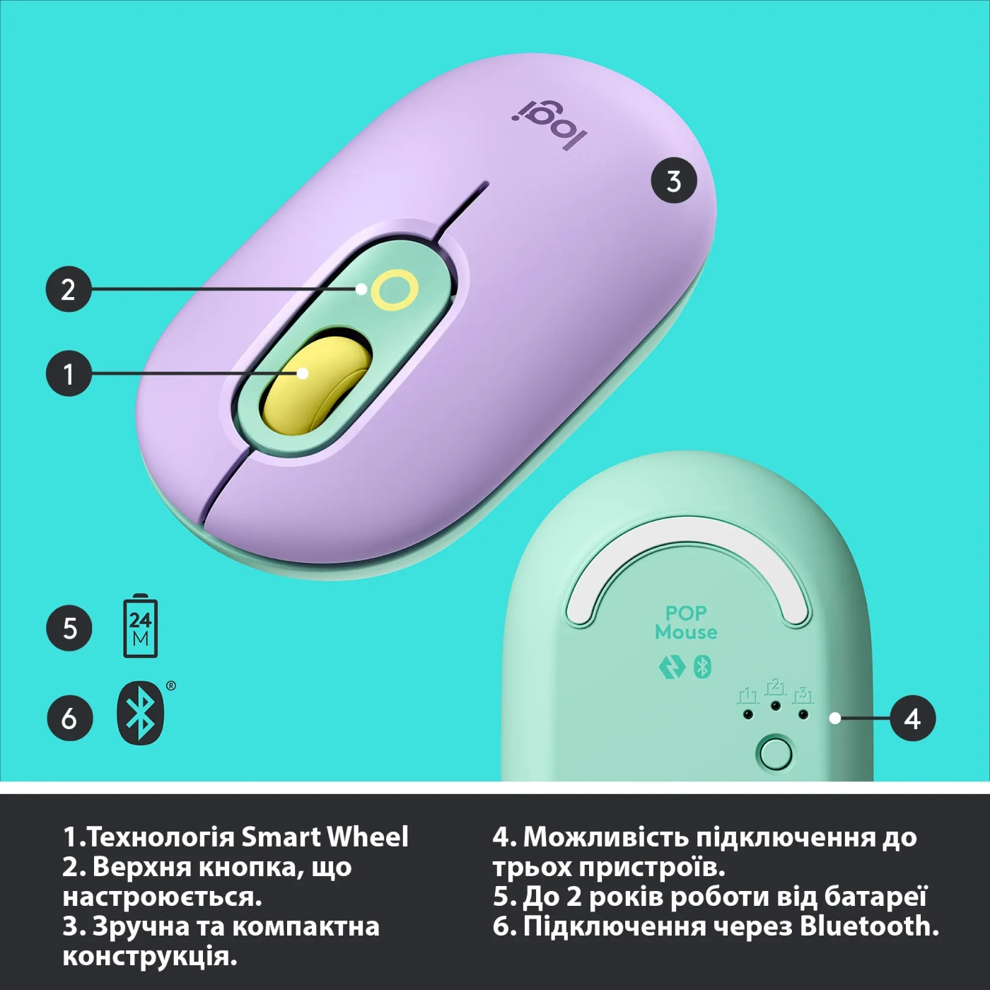 Купити Миша Logitech POP Mouse with emoji daydream-mint 2.4GHZ/BT (910-006547) - фото 6