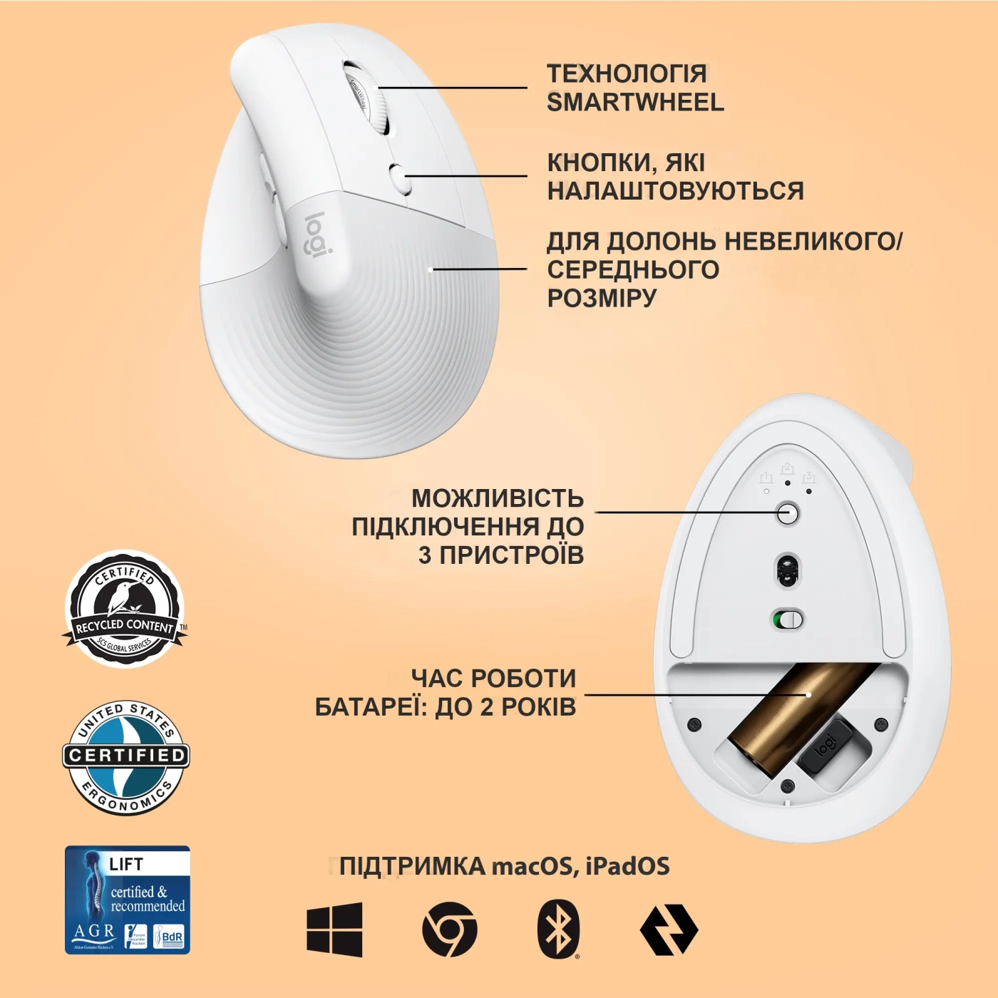 Купить Мышь Logitech Lift Vertical Ergonomic Mouse off-white/pale-gaey 2.4GHZ/BT (910-006475) - фото 6