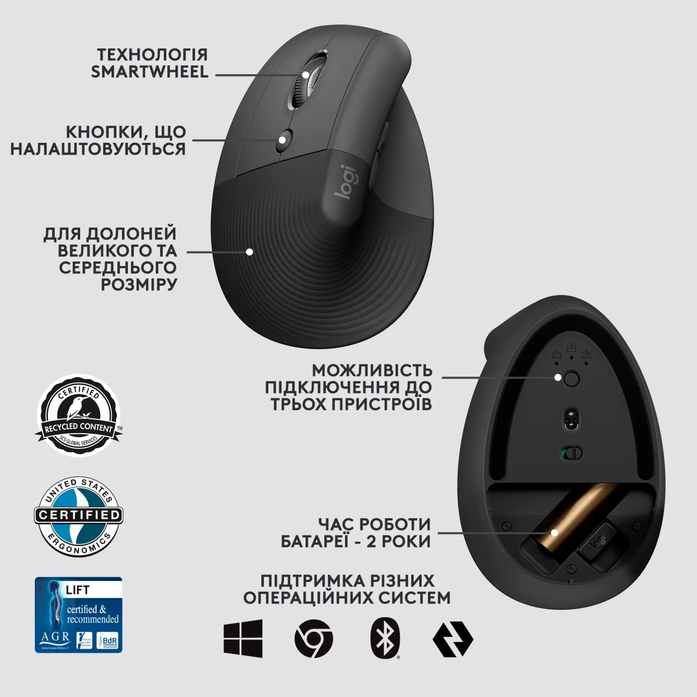 Купити Миша Logitech Lift Vertical Ergonomic Mouse for Business graphite-black 2.4GHZ/BT LEFT (910-006495) - фото 6