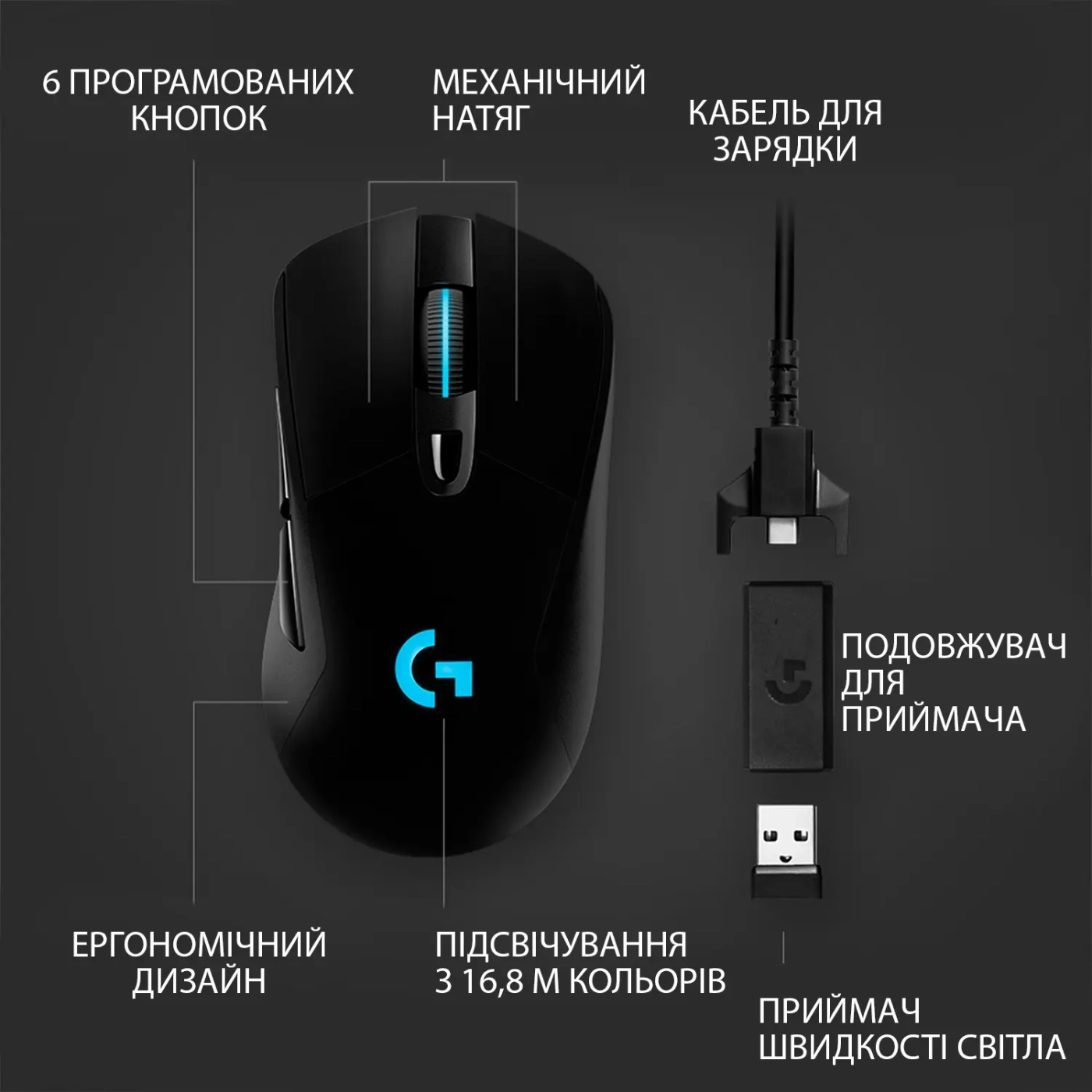 Купить Мышь Logitech G703 Lightspeed Wireless (HERO 16K) Black (910-005640) - фото 2
