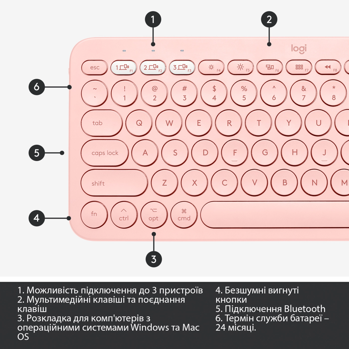 Купити Клавіатура Logitech K380 for MAC Multi-Device Bluetooth Keyboard Rose US (920-010406) - фото 6