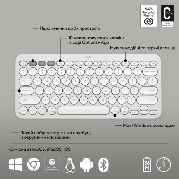 Купити Клавіатура Logitech K380s Pebble Keys 2 Tonal White US (920-011852) - фото 6