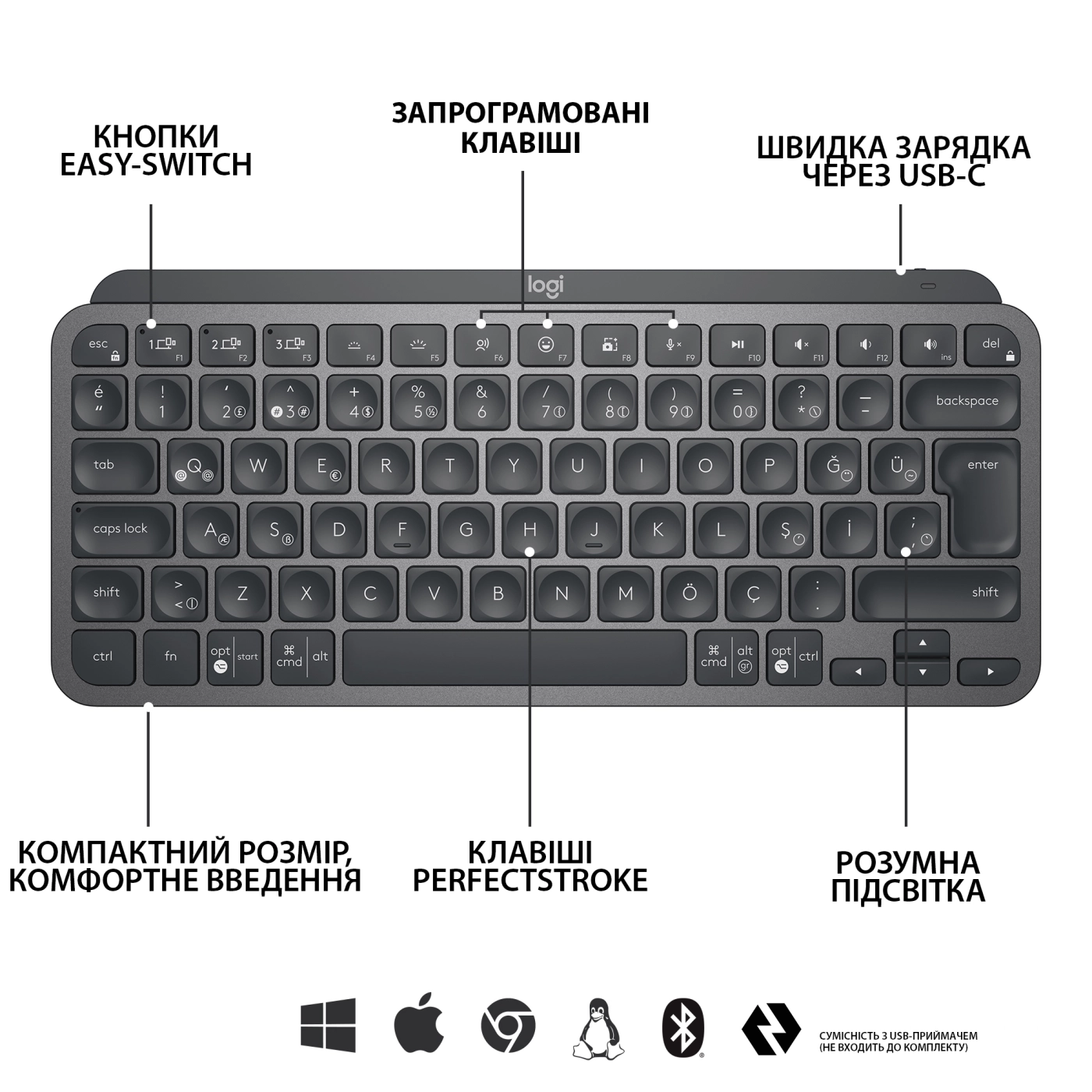 Купити Клавіатура Logitech MX Keys Mini Minimalist Wireless Illuminated Keyboard Graphite US 2.4GHZ/BT (920-010498) - фото 6