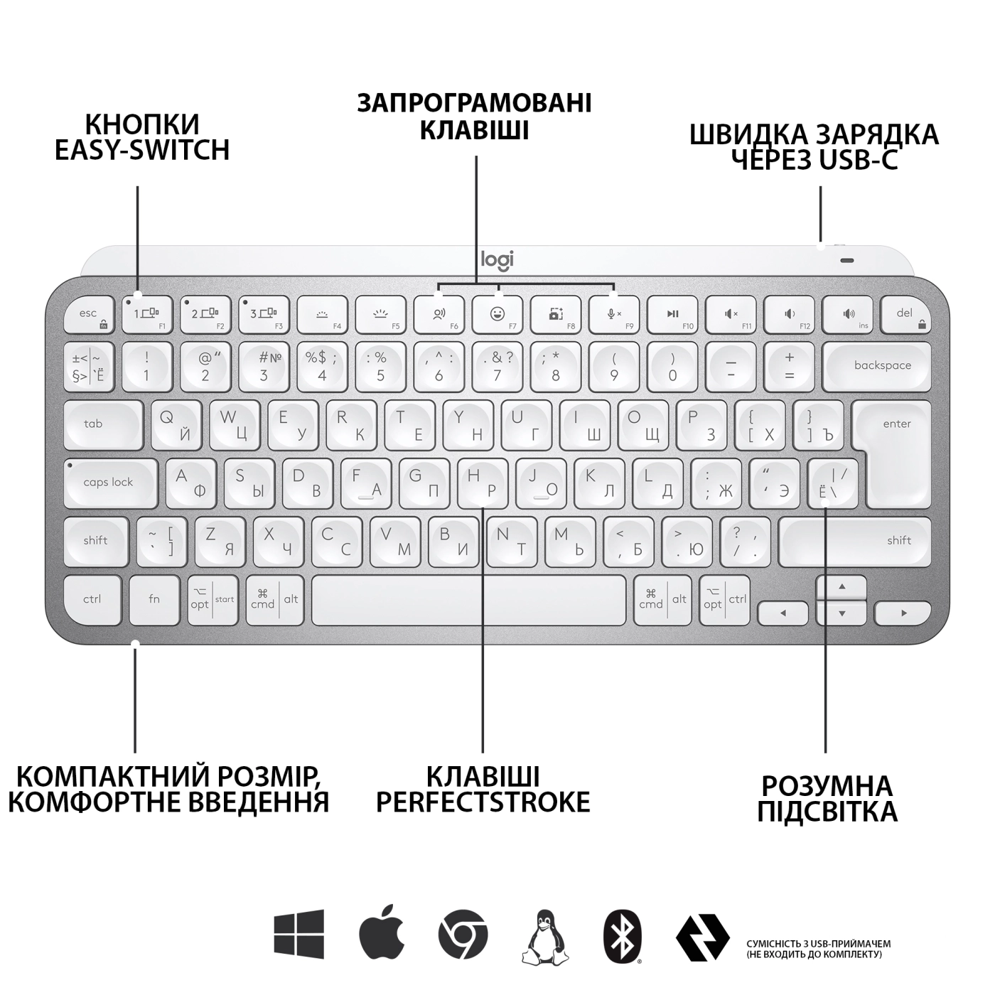 Купити Клавіатура Logitech MX Keys Mini Minimalist Wireless Illuminated Keyboard Pale Gray US 2.4GHZ/BT (920-010499) - фото 6