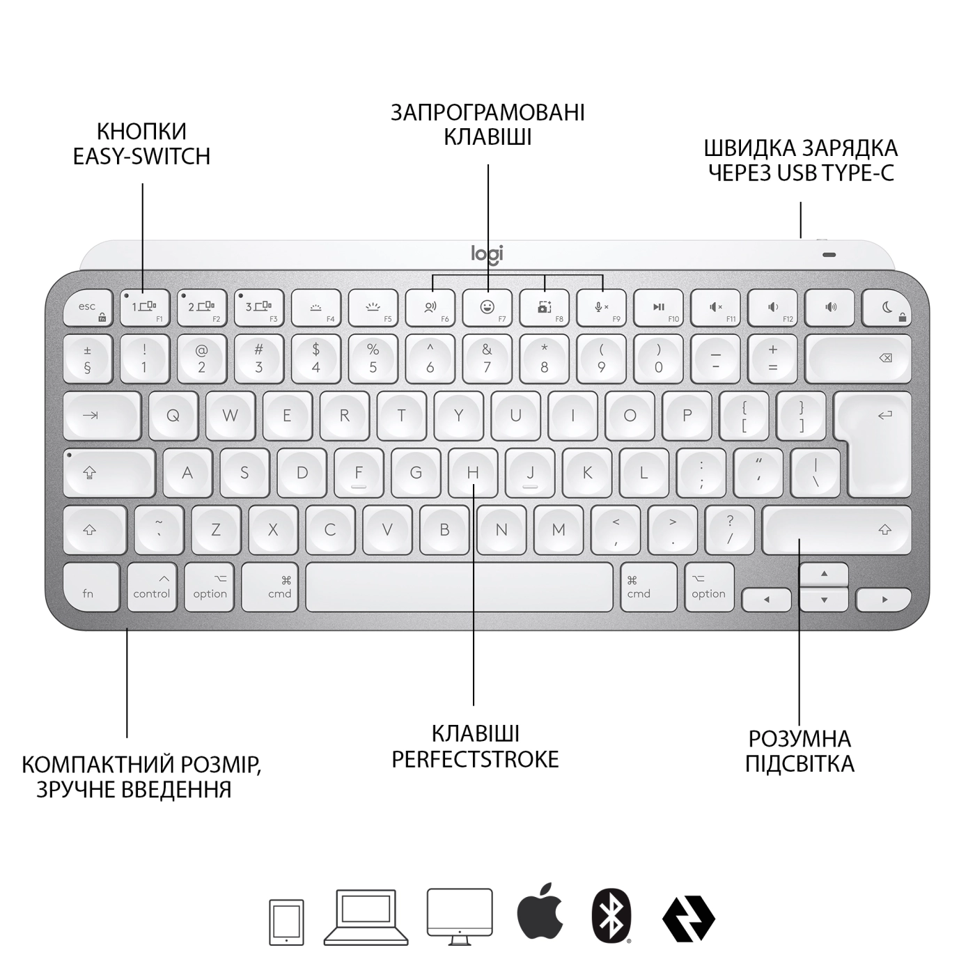Купить Клавиатура Logitech MX Keys Mini For Mac Minimalist Wireless Illuminated Keyboard Pale Gray US BT (920-010526) - фото 6