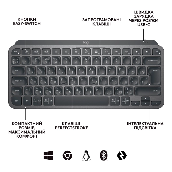 Купити Клавіатура Logitech MX Keys Mini For Business Graphite US 2.4GHZ/BT (920-010608) - фото 6