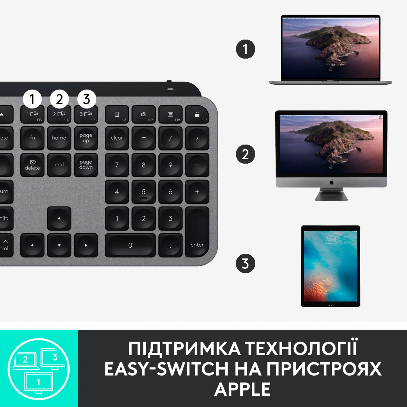Купить Клавиатура Logitech MX Keys for Mac Advanced Wireless Illuminated Keyboard Space Gray US 2.4GHZ/BT (920-009558) - фото 9