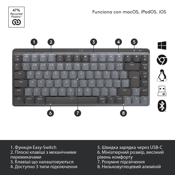 Купити Клавіатура Logitech MX Mechanical Mini Minimalist Wireless Illuminated Keyboard Graphite US 2.4GHZ/BT (920-010782) - фото 6