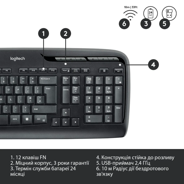 Купити Комплект клавіатура та миша Logitech Wireless Combo MK330 US (920-003989) - фото 7