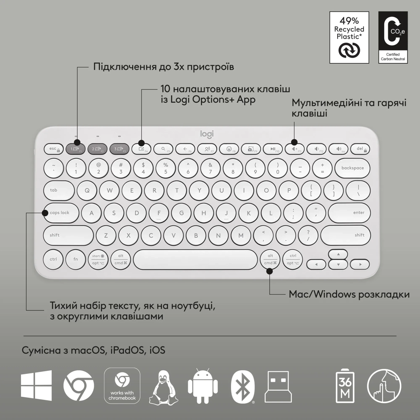Купить Комплект клавиатура и мышь Logitech Pebble 2 Combo White US 2.4GHZ/BT (920-012240) - фото 6