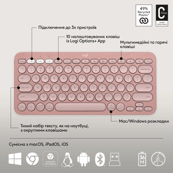 Купить Комплект клавиатура и мышь Logitech Pebble 2 Combo Rose US 2.4GHZ/BT (920-012241) - фото 6