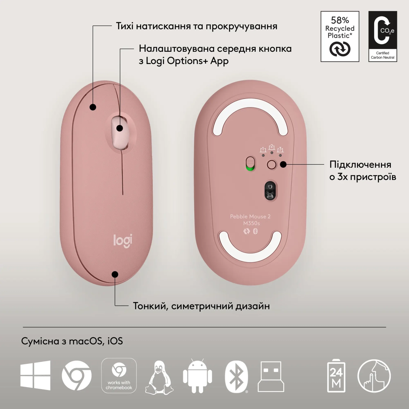 Купити Комплект клавіатура та миша Logitech Pebble 2 Combo Rose US 2.4GHZ/BT (920-012241) - фото 7