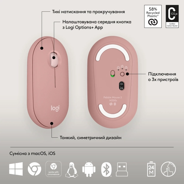 Купити Комплект клавіатура та миша Logitech Pebble 2 Combo Rose US 2.4GHZ/BT (920-012241) - фото 7