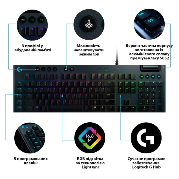 Купити Клавіатура Logitech G815 RGB Mechanical Gaming Keyboard GL Linear Carbon USB (920-009008) - фото 6