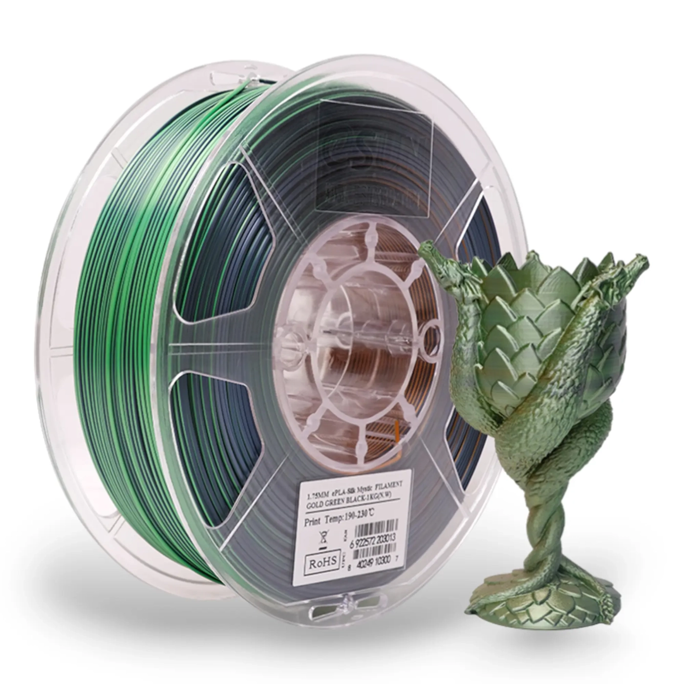 Купить ePLA-Silk Mystic Filament (пластик) для 3D принтера eSUN 1кг, 1.75мм, золото|зеленый|черный (S-MYSTIC175JGB1) (6922572203013) - фото 1
