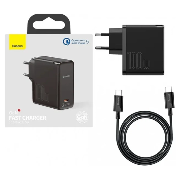 Купить СЗУ Baseus GaN2 Fast Charger 1C 100W Set Black (With Cable Type-C to Type-C 100W(20V/5A) 1.5m Black - фото 7