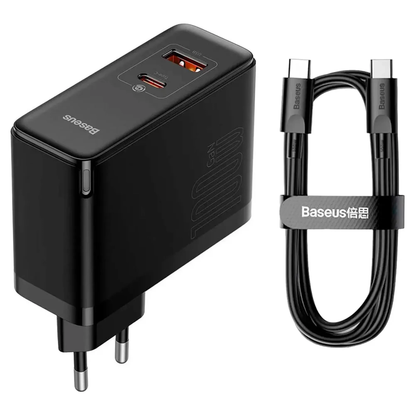 Купить СЗУ Baseus GaN5 Pro Fast Charger C+U 100W (Cable Type-C to Type-C 100W(20V/5A) 1m) Black - фото 1