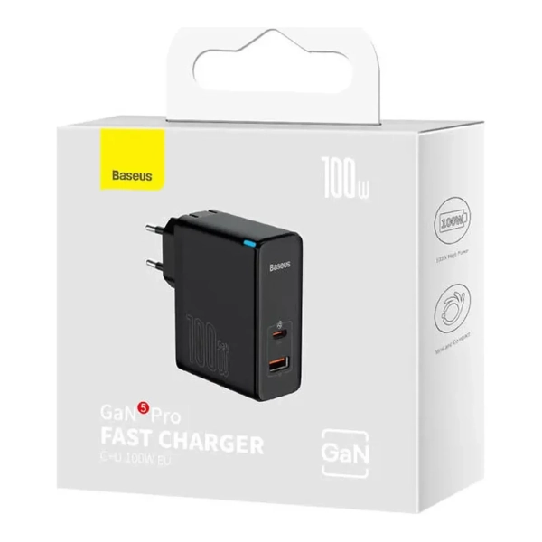 Купити МЗП Baseus GaN5 Pro Fast Charger C+U 100W (Cable Type-C to Type-C 100W(20V/5A) 1m) Black - фото 6
