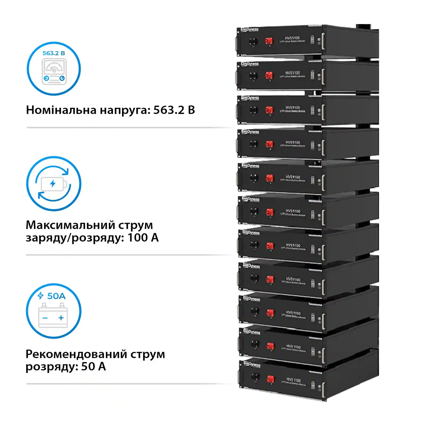 Купити Система зберігання енергії  ESS Dyness HV51100-11 56.32kW 614.4V 100Ah LiFePO4 BDU100 RACK - фото 3