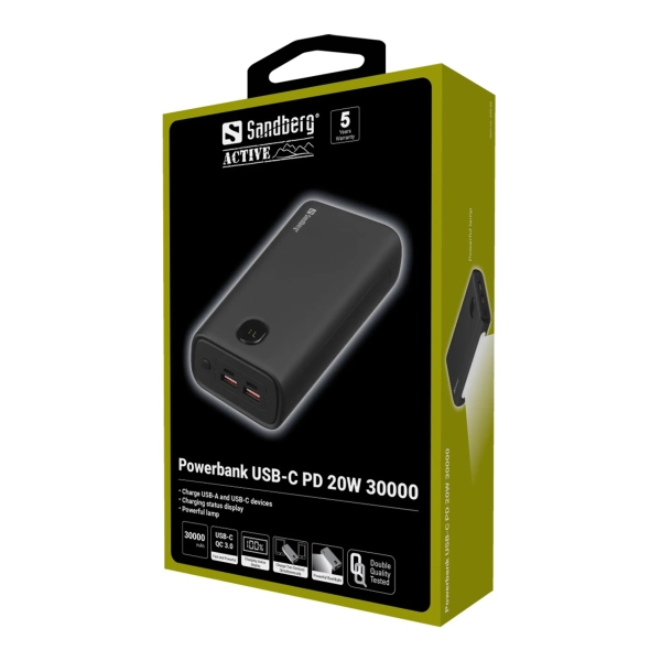 Купить Павербанк УМБ Sandberg PD 30000 mAh 20W 1,7A QC3.0, UPS mode, 2хUSB, Type-C OUT (420-68) Black - фото 4