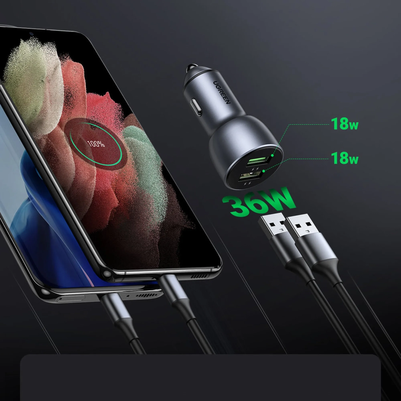 Купить Автозарядка Ugreen CD213 2xUSB 36W (USB-A) QC 4.0 Gray (10144) - фото 2