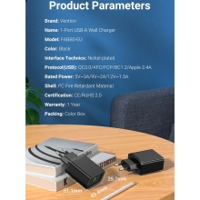 Купить Зарядное устройство Vention 1xUSB 18W (USB-A) QC3.0 Black (FABB0-EU) - фото 6