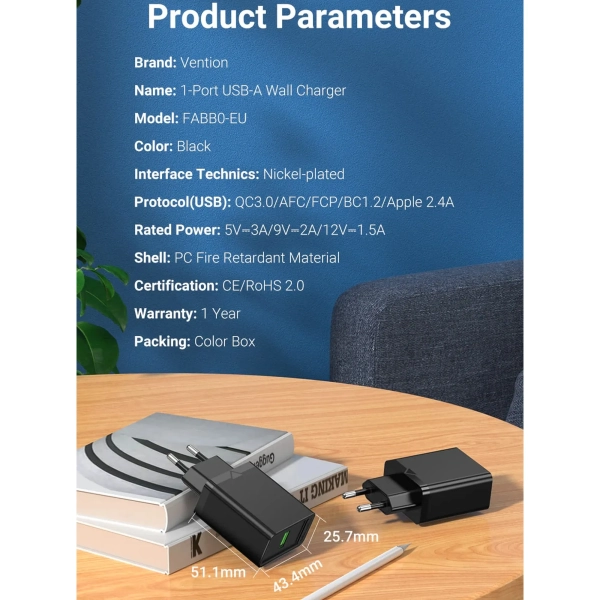 Купить Зарядное устройство Vention 1xUSB 18W (USB-A) QC3.0 Black (FABB0-EU) - фото 6