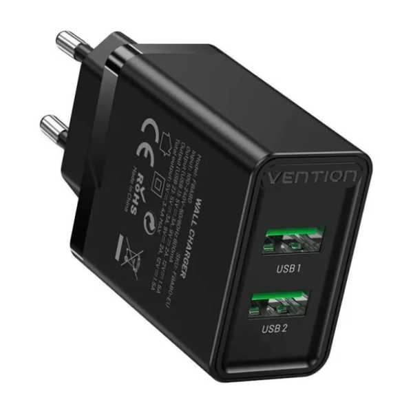 Купити Зарядний пристрій Vention 2xUSB 36W (USB-Ax2) QC3.0 Black (FBAB0-EU) - фото 1