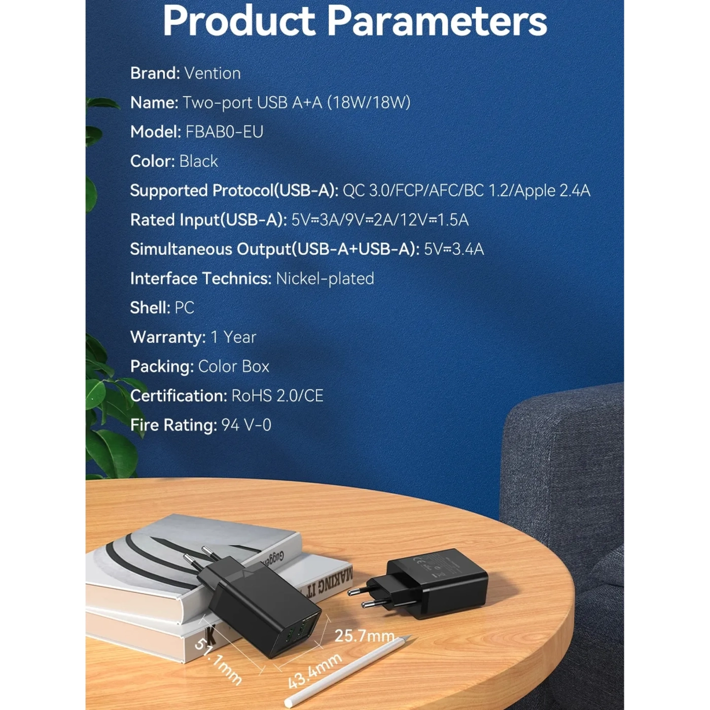Купити Зарядний пристрій Vention 2xUSB 36W (USB-Ax2) QC3.0 Black (FBAB0-EU) - фото 4