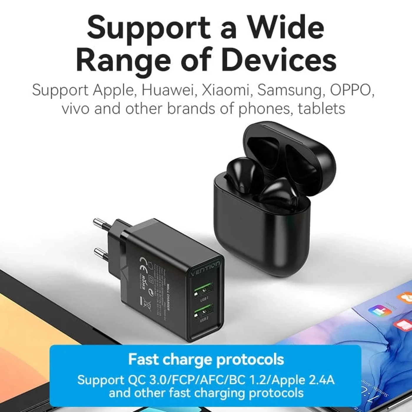 Купити Зарядний пристрій Vention 2xUSB 36W (USB-Ax2) QC3.0 Black (FBAB0-EU) - фото 5