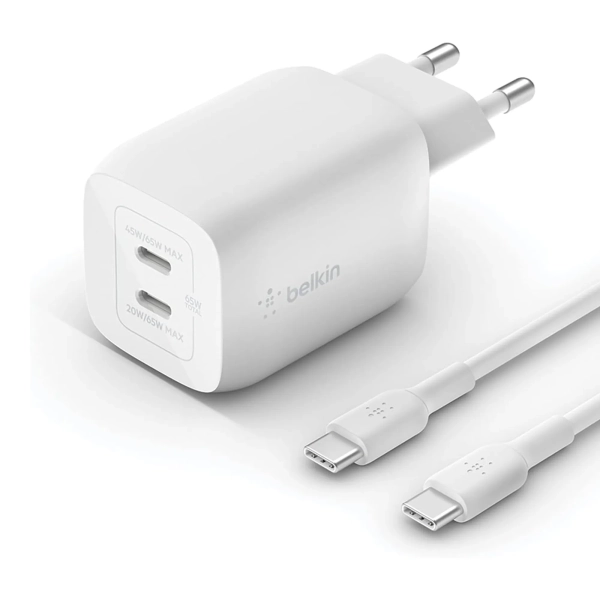 Купити Зарядний пристрій Belkin 65W 2хUSB-С GAN PD PPS + кабель USB-С to USB-C 2m White (WCH013VF2MWH-B6) - фото 1