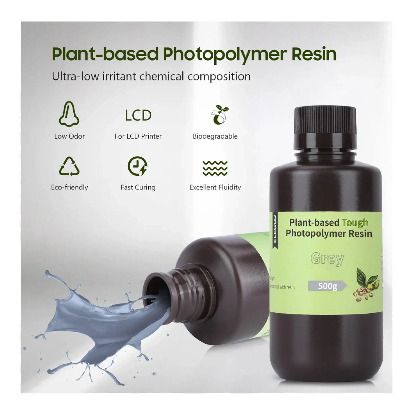 Купить Фотополимерная смола ELEGOO Plant-Based Resin 1кг, серая (50.103.0036) - фото 2